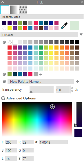 fill panel in silhouette studio where you'll add the custom color palette