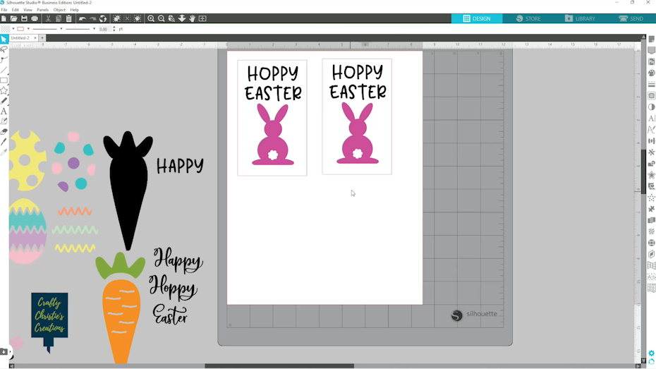 2 copies of Hoppy Easter with the bunny both have a rectangle around them to measure my design space