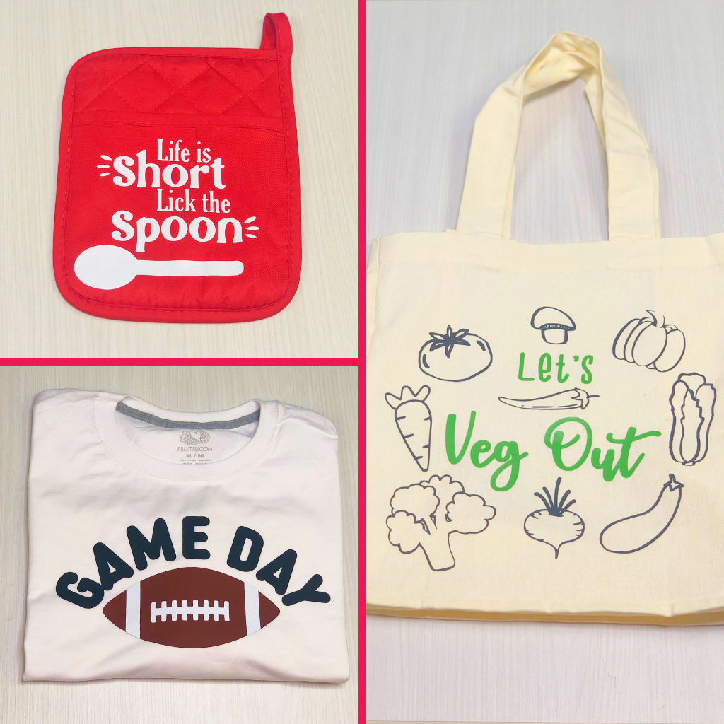 heat transfer vinyl projects - oven mitt, grocery tote bag, game day shirt