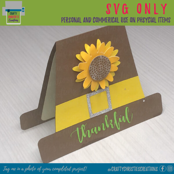 pilgrim shaped card with a sunflower and the word thankful on the front