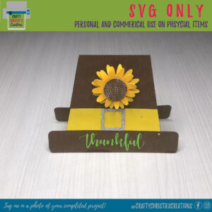 pilgrim shaped card with a sunflower and the word thankful on the front